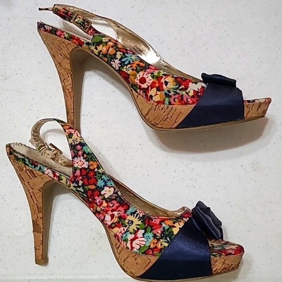 Rampage "Grayson" floral opentoe platform heels with Navy bow size 10 - Picture 6 of 13
